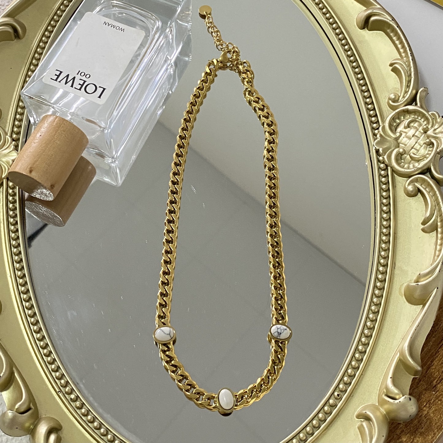 Hip-hop Gold Plated Geometric Titanium Steel Necklace with White Turquoise Inlay