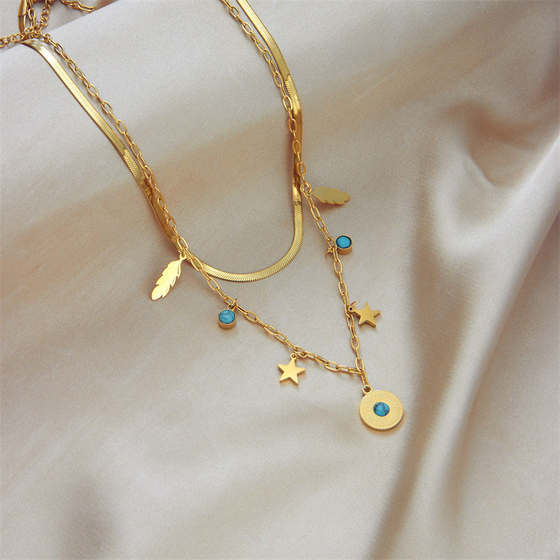 Collana Vintage a Doppia Catena a Serpente in Acciaio al Titanio con Ciondolo Rotondo Turchese, Ciondoli a Stella e Piuma, Design Geometrico