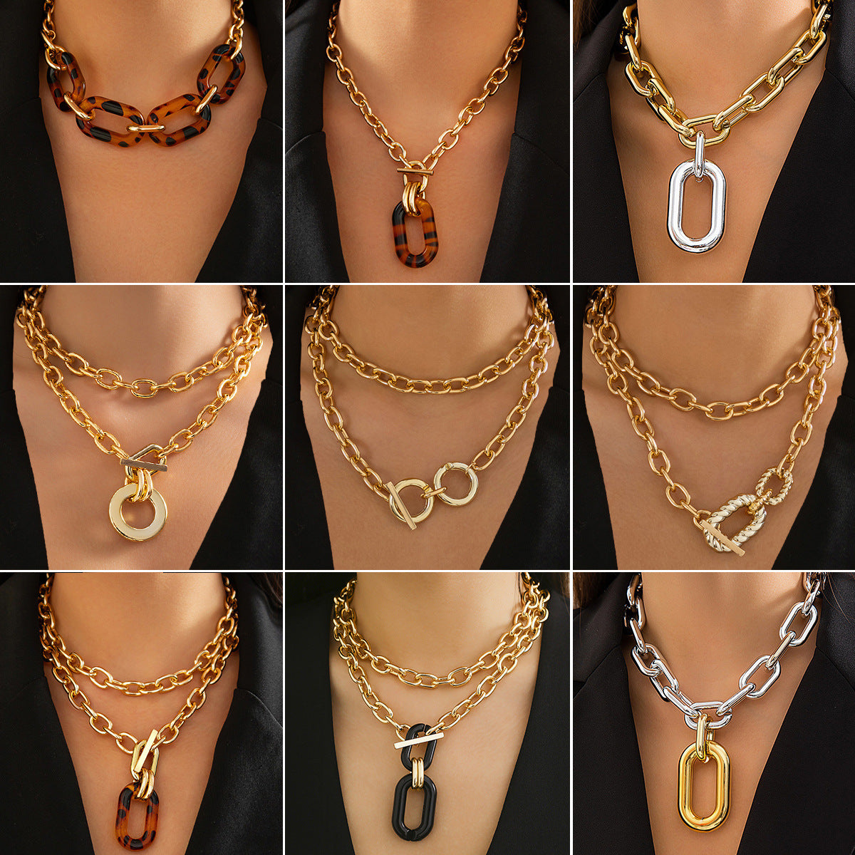 Collana pendente a croce geometrica stile punk da donna con catena multistrato in lega galvanizzata e chiusura OT