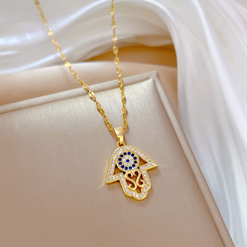 Collana Pendente Minimalista Mano con Occhio in Acciaio Inossidabile con Finitura Placcata da Donna