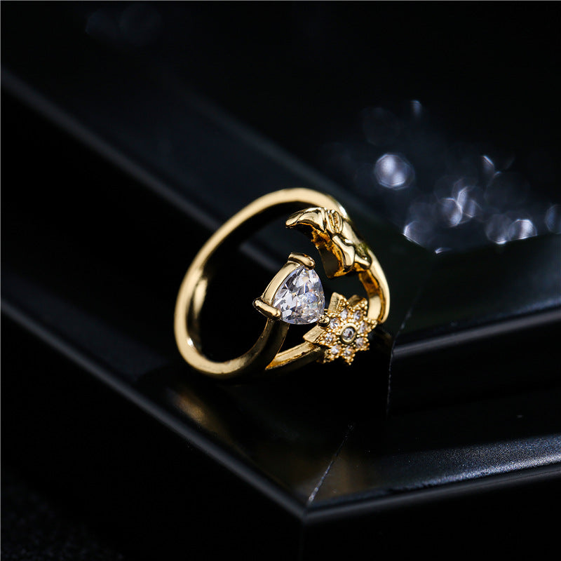 Geometric Star Moon Heart Micro-inlay Cubic Zirconia Brass Ring for Women