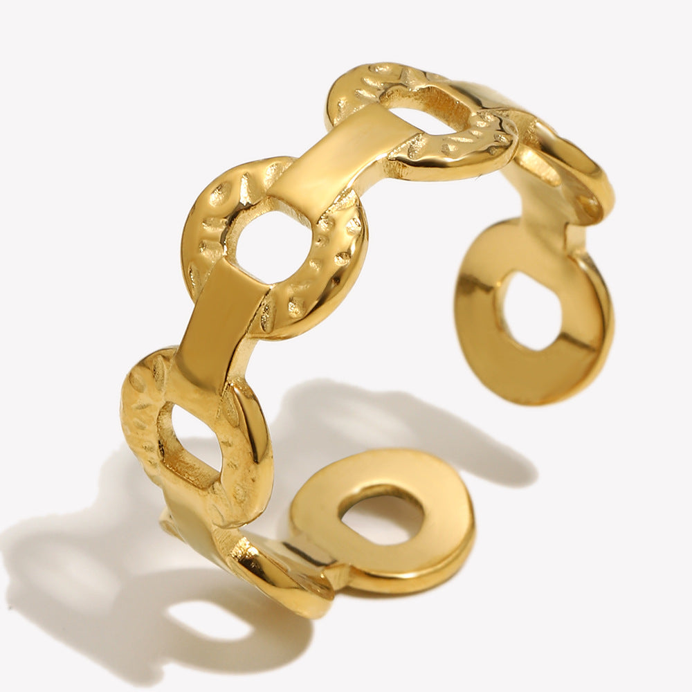 Elegant Luxury 18K Gold Plated Stainless Steel Round Geometric Rhinestone Open Ring for Women