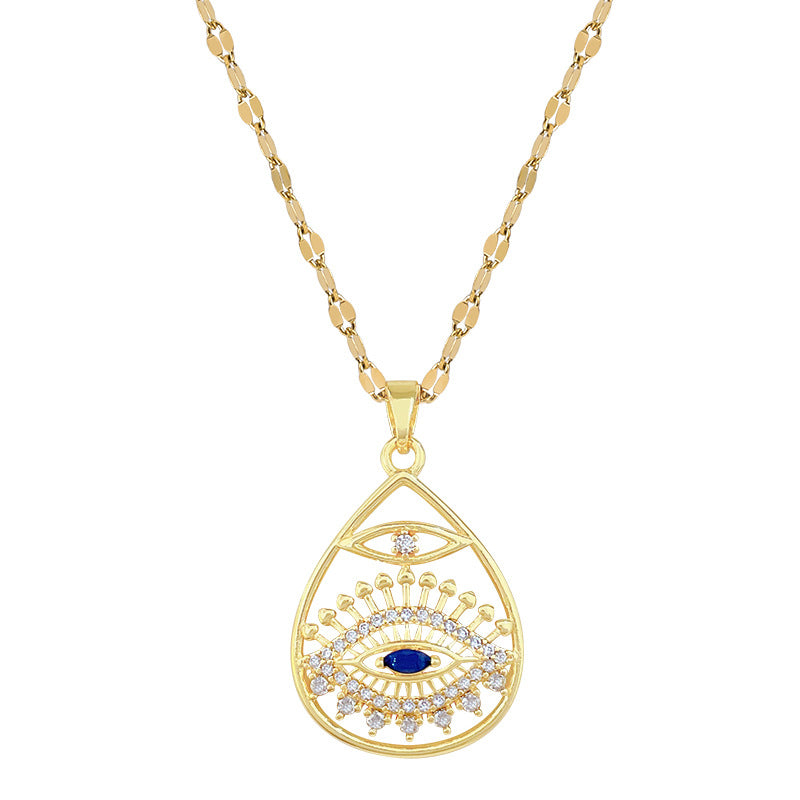 Sweet Gold Plated Teardrop Geometric Rhinestone Inlay Titanium Steel Necklace for Women