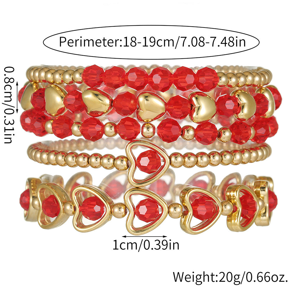 Fashion Red Crystal Beaded Heart Bracelet Multi-Layer Acrylic Geometric Jewelry for Women and Men