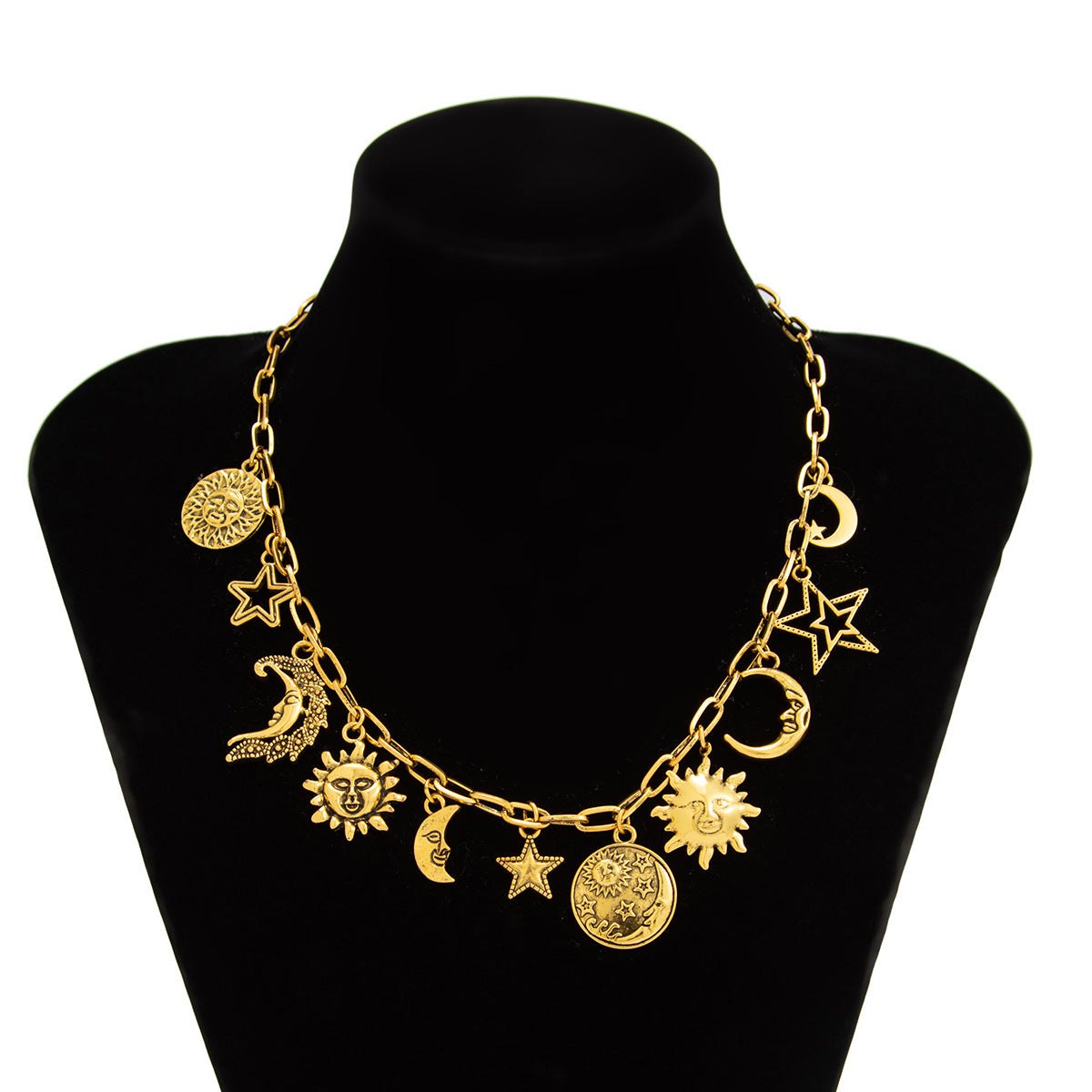 Vintage Star Moon Alloy Plated Pendant Necklace with Imitation Pearl for Women