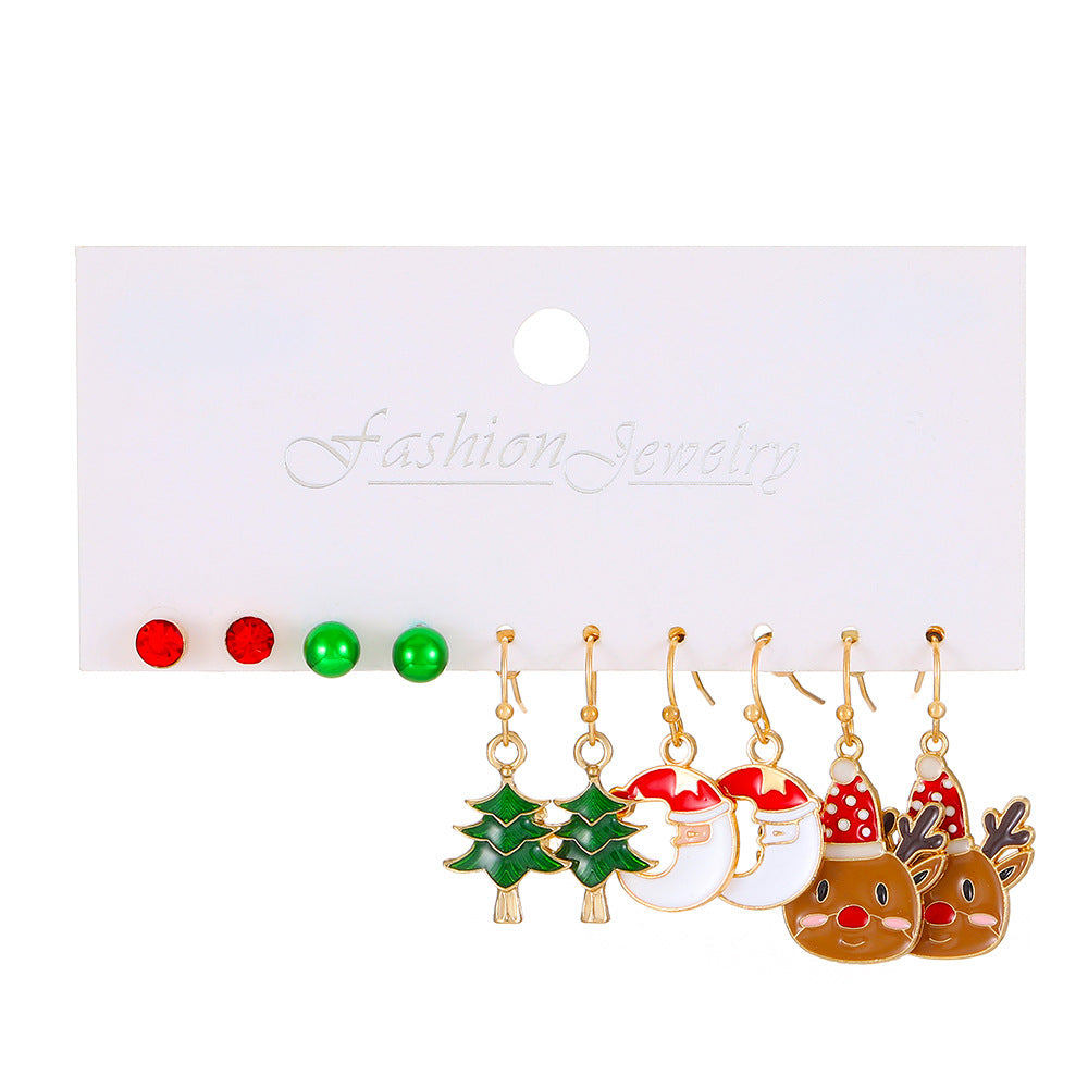 Juego de pendientes de aleación con temática navideña para mujer con dijes esmaltados de ciervo y Papá Noel, diseño geométrico, acabado chapado