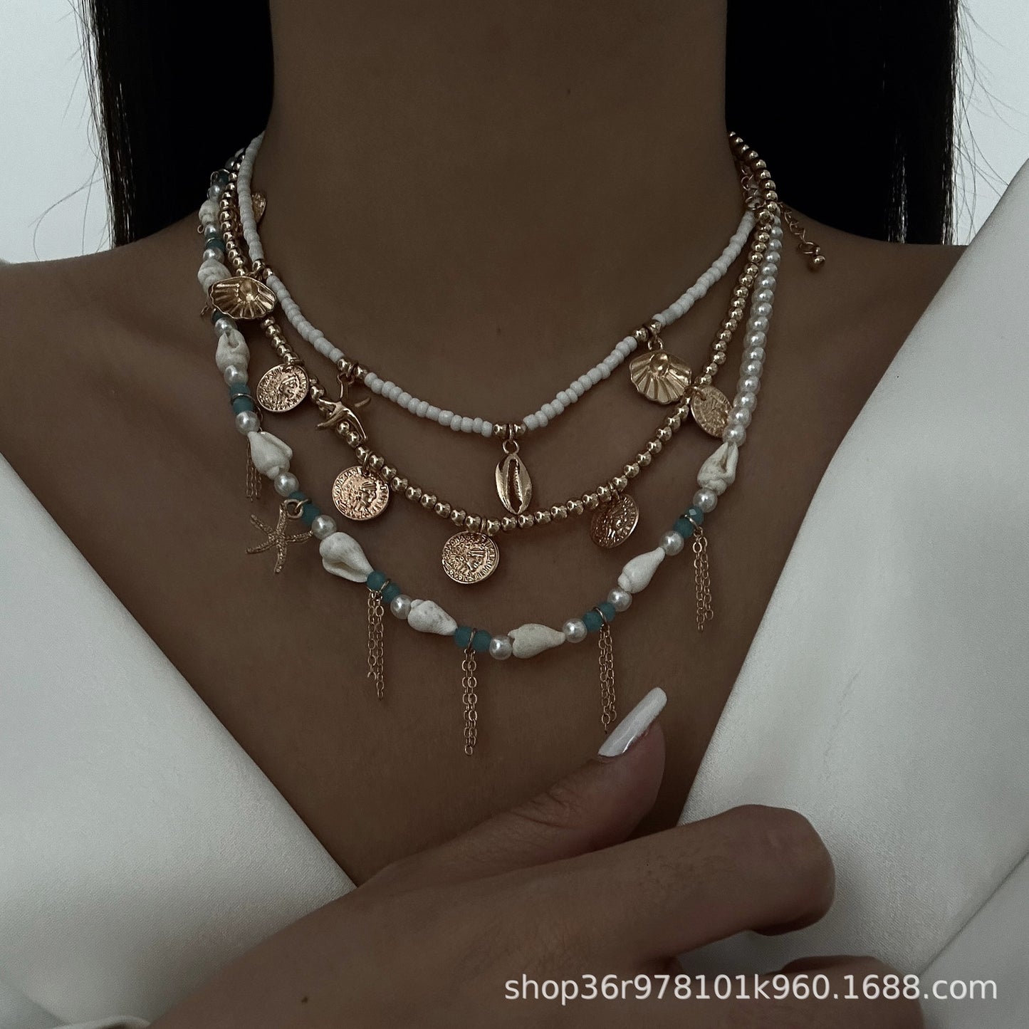 Unique Irregular Multi-Layer Geometric Starfish Alloy Necklace Set with Imitation Pearl for Women