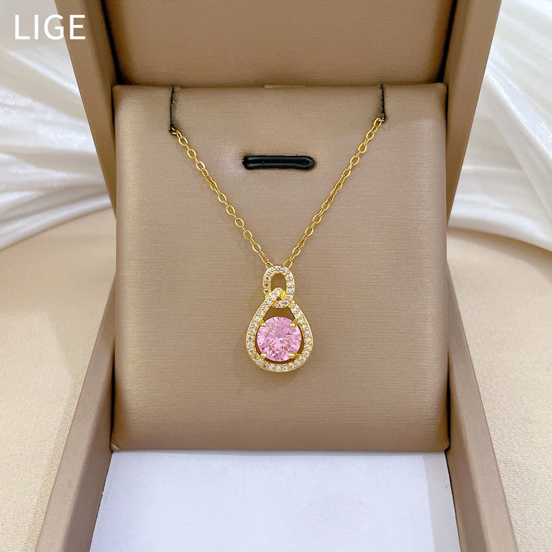 Collana con Pendente a Goccia d'Acqua Infinita Geometrica Minimalista Rosa da Donna in Acciaio al Titanio con Intarsio Completo di Strass