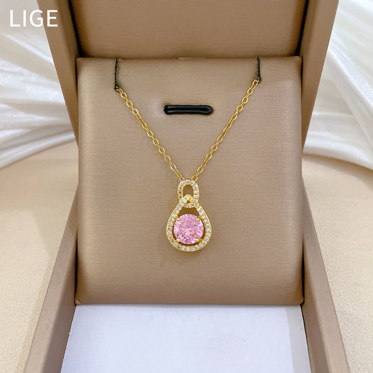 Collar con Colgante Minimalista Geométrico Rosa Gota de Agua Infinito para Mujer de Acero de Titanio con Incrustaciones Completas de Diamantes de Imitación