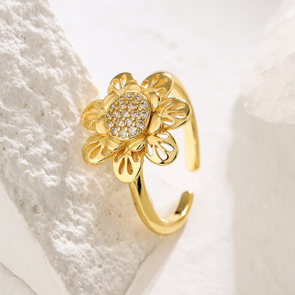 Anello aperto da donna a fiore geometrico minimalista in rame con zirconi micro-pavé