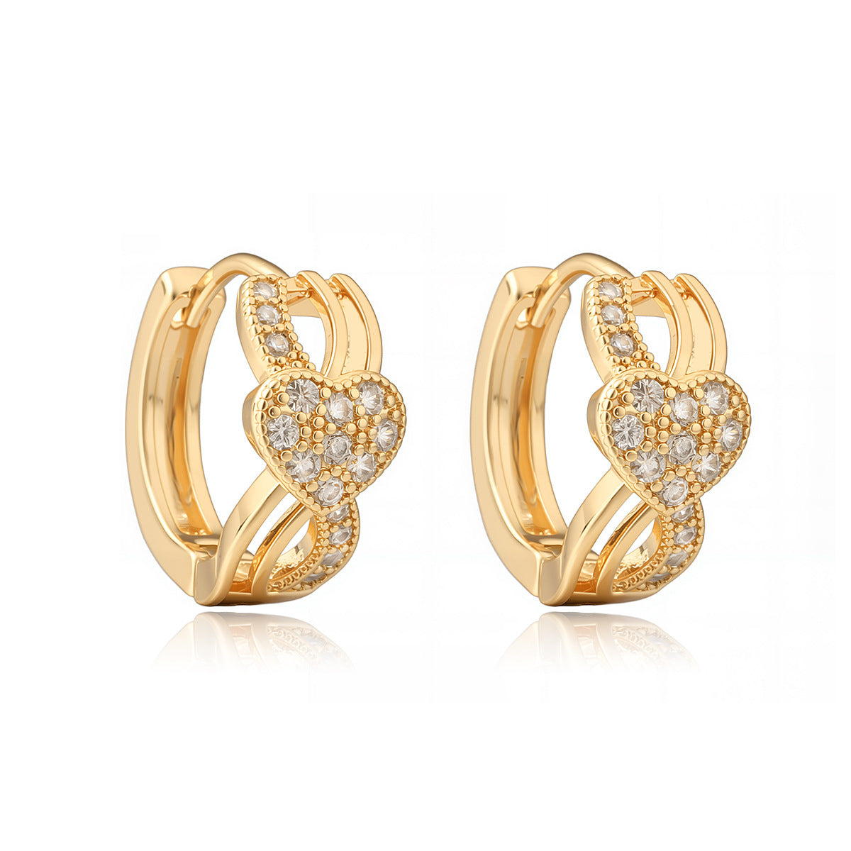 Pendientes de aro minimalistas de cobre chapado en oro con circonitas incrustadas en forma de corazón geométrico para mujer