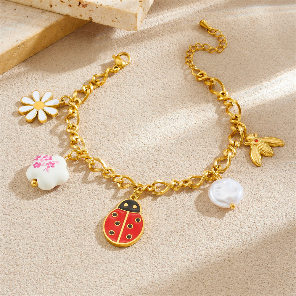 Sweet Cartoon Stainless Steel Drip Oil Insect Dragonfly Ladybug Jewelry Set with Cable Chain