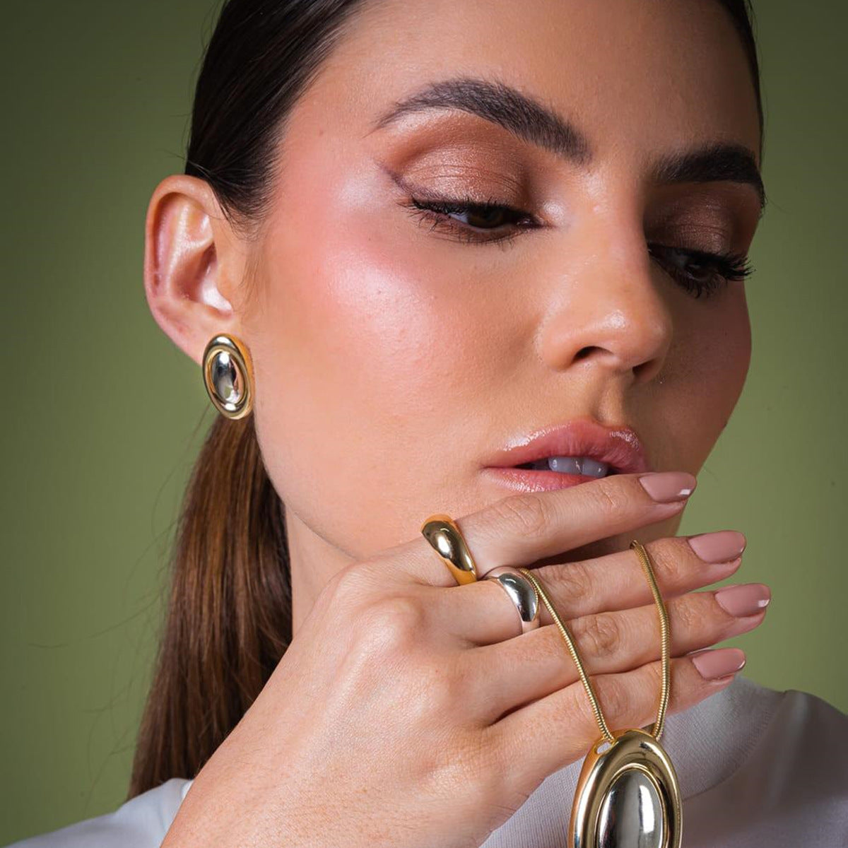 Two-Tone 18K Gold Plated Oval Geometric Stainless Steel Earrings