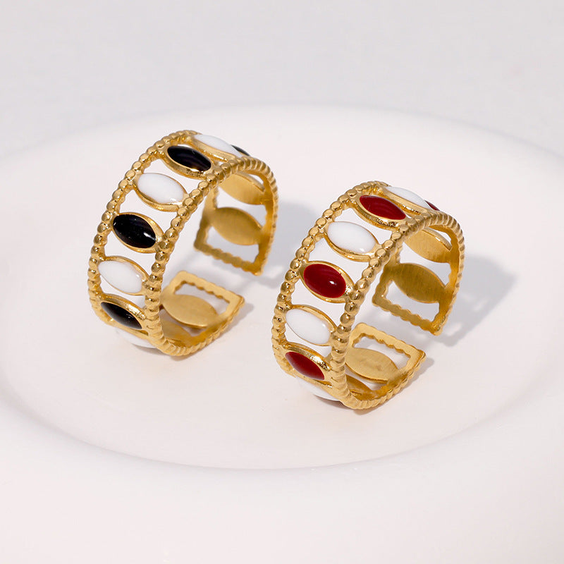 Vintage French-Style Geometric Enamel Gold-Plated Stainless Steel Open Ring for Women