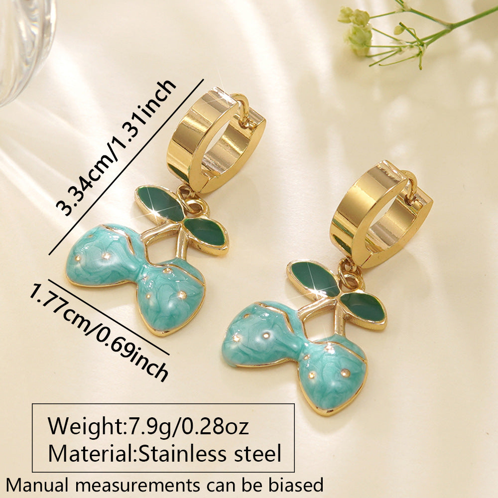 Sweet Stainless Steel Drip Oil Plated Cherry Hoop Earrings for Women