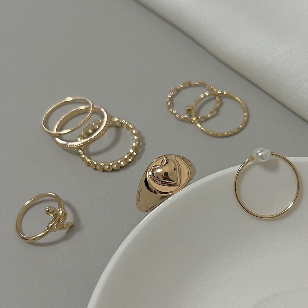 Minimalist Open Snake Ring with Hollow Heart and Pearl Inlay Alloy Plated Jewelry Set