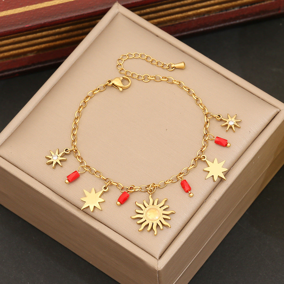 Bracciale in Acciaio Inossidabile con Croce, Stella a Otto Punte e Design a Foglia, Stile OL alla Moda