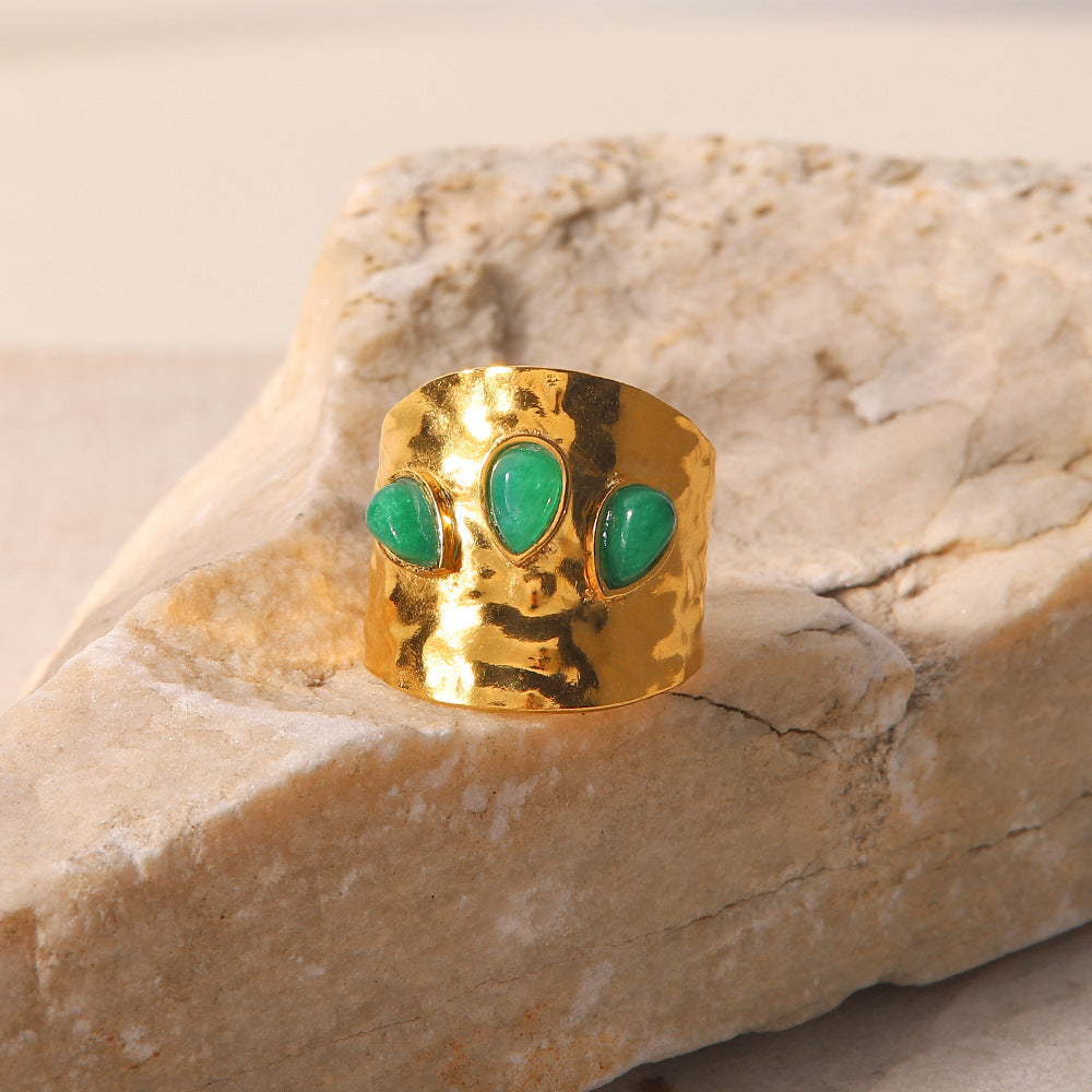 Minimalist French-Inspired Titanium Steel Ring with Three Irregular Green Natural Stones for Women