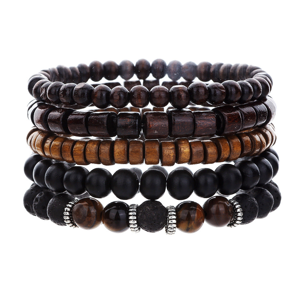 Vintage Geometric Wood and Gemstone Beaded Bracelet Set