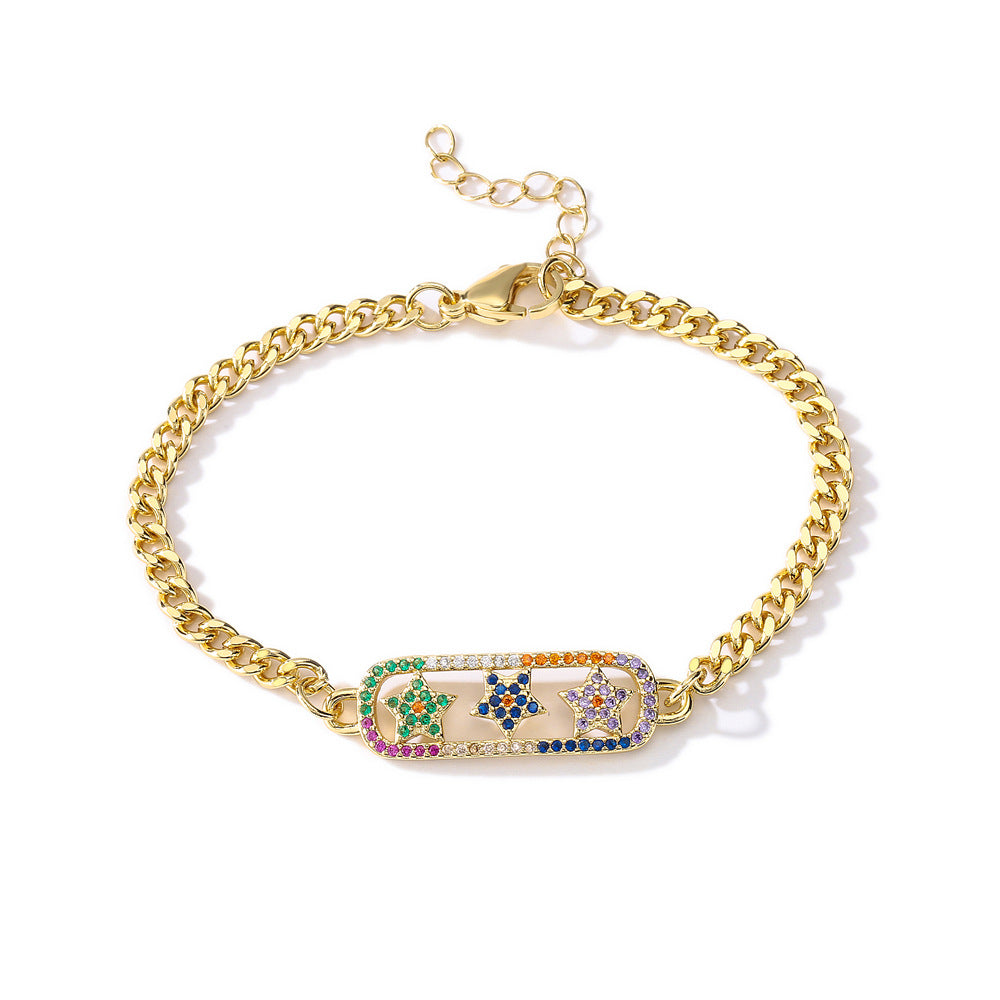 Gold Plated Brass Micro-Inlaid Cubic Zirconia Star Bracelet for Women
