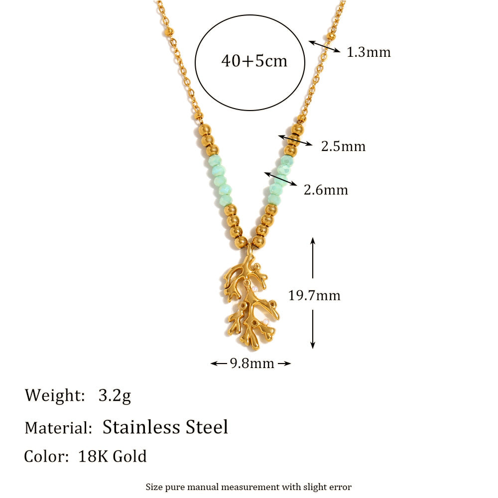 Minimalist Geometric Branch-Shaped Necklace in Stainless Steel with 18K Gold Plating and Natural Stone Accent for Women