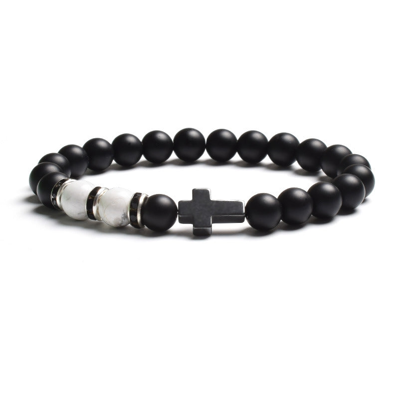 Vintage Cross Matte Stone Tiger's Eye Beaded Stretch Bracelet Unisex Geometric Handmade Jewelry
