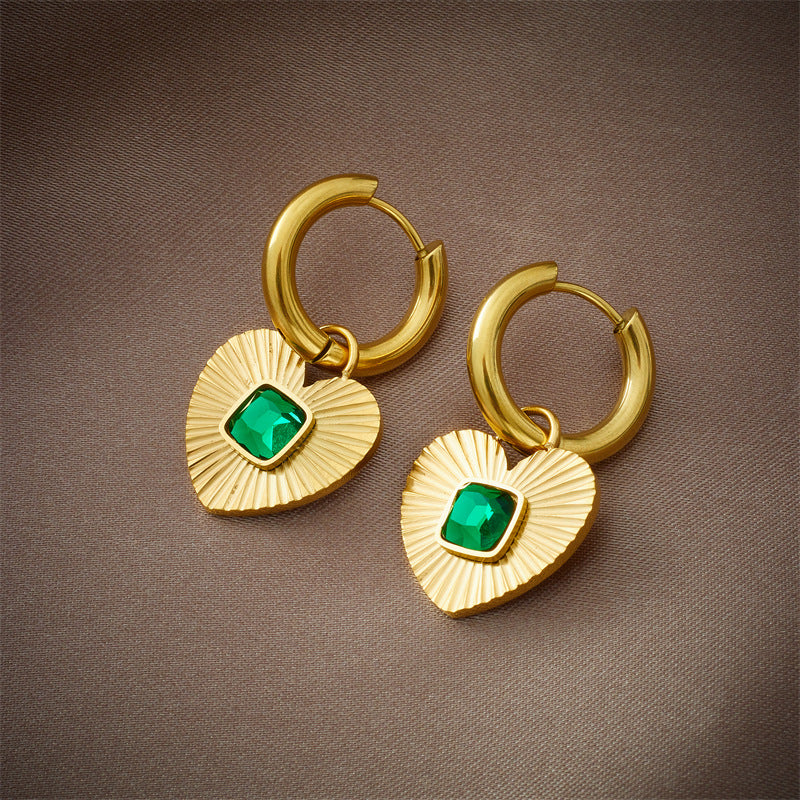 Fashionable Striped Heart-Shaped Rhinestone-Inlaid Titanium Steel Hoop Earrings for Women