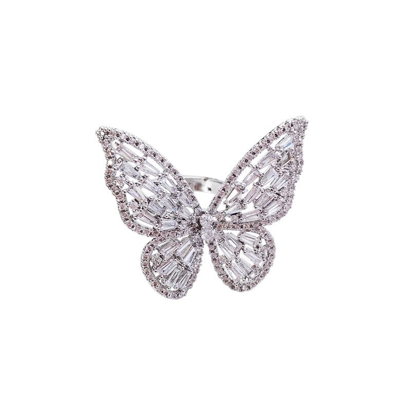 Luxury Zircon Butterfly Open Ring for Women with Plated Copper Finish and Minimalist Design