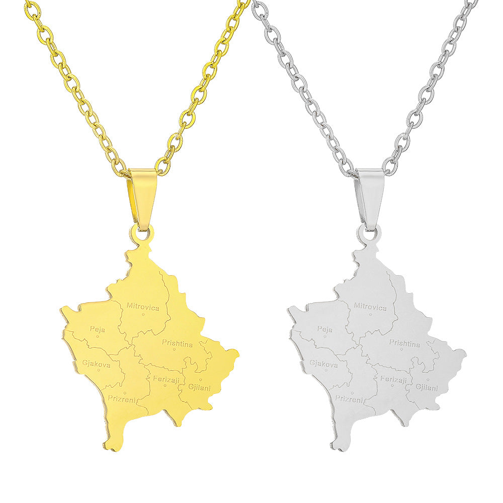 Collana con Pendente Geometrico alla Moda a Tema Città del Kosovo in Acciaio al Titanio Placcato Oro per Uomini e Donne