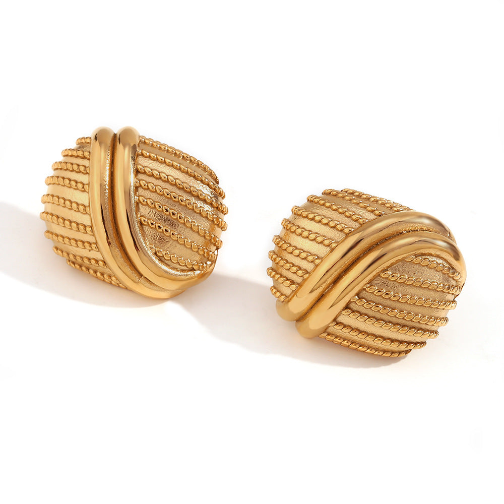 Vintage-Inspired Geometric Stainless Steel Ear Studs with 18K Gold Plating Oval Cross-Line Design for Women