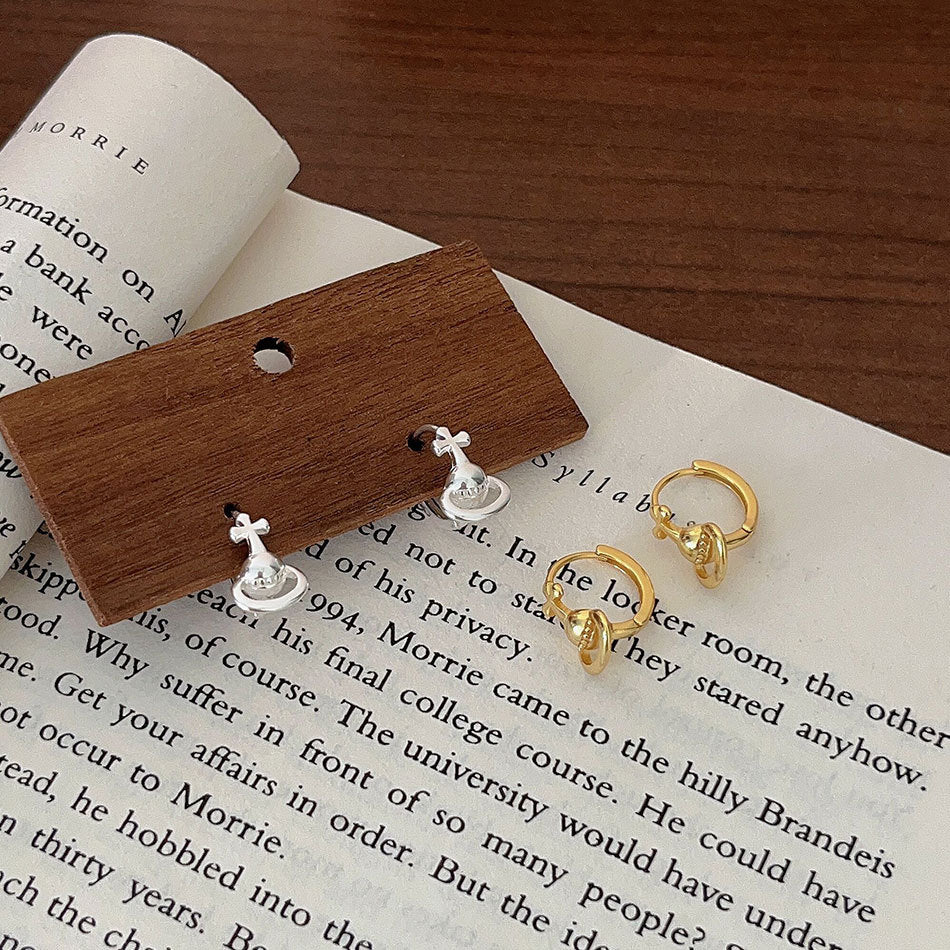 Minimalist Saturn Cross Earrings in 925 Sterling Silver with Polished Finish for Women