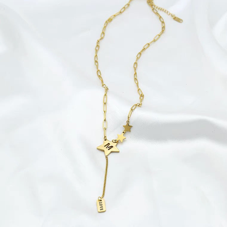 Minimalist Star Pendant Necklace with Tassels in Titanium Steel on Cuban Chain for Women