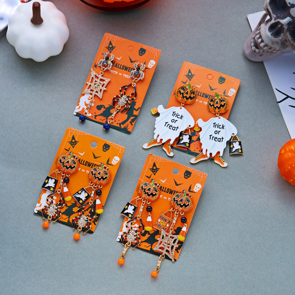 Halloween Geometric Pumpkin Skull Drip Oil Rhinestone Alloy Earrings Unisex