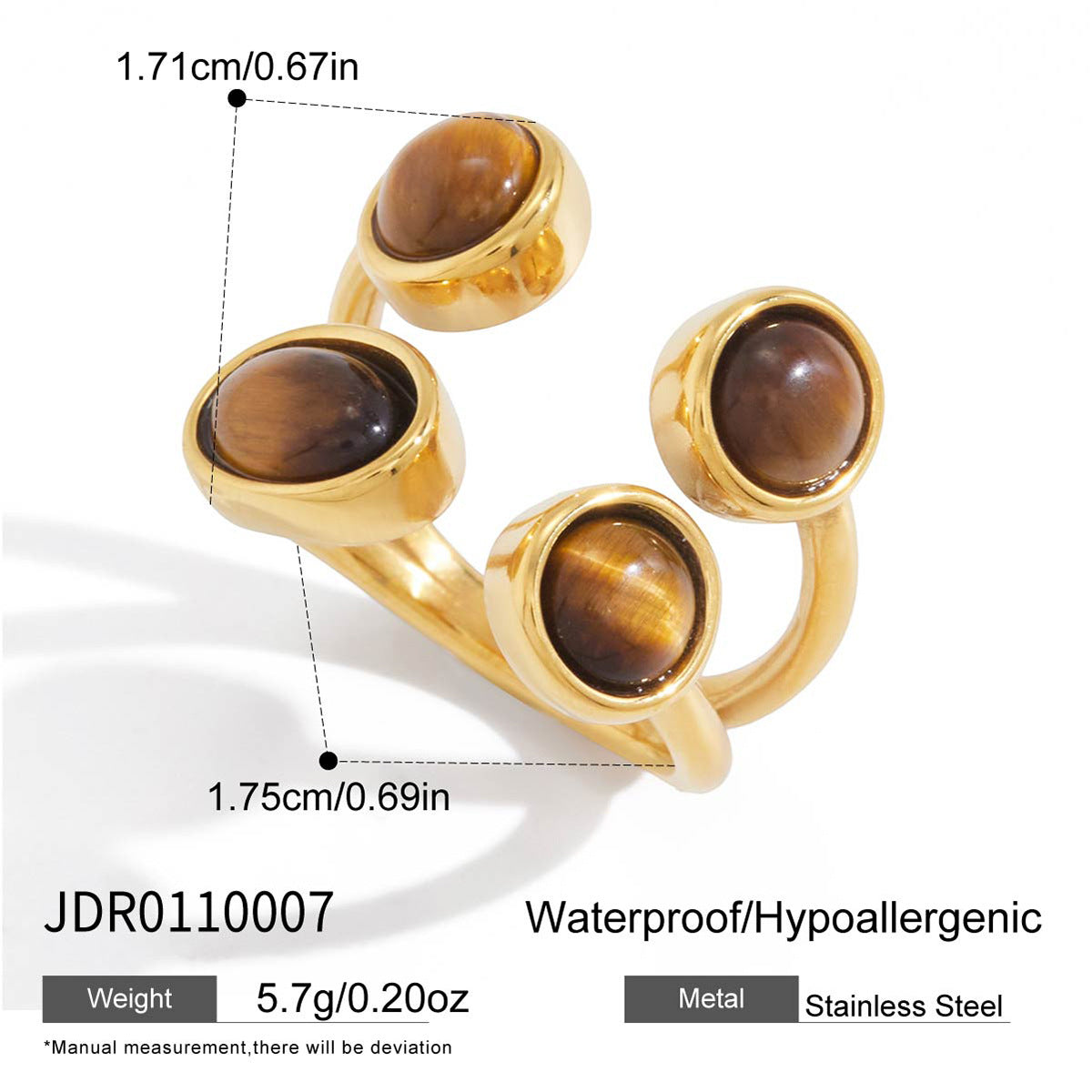 Fashion Geometric Round Tiger's Eye Stainless Steel Ring with 18K Gold PVD Finish for Women