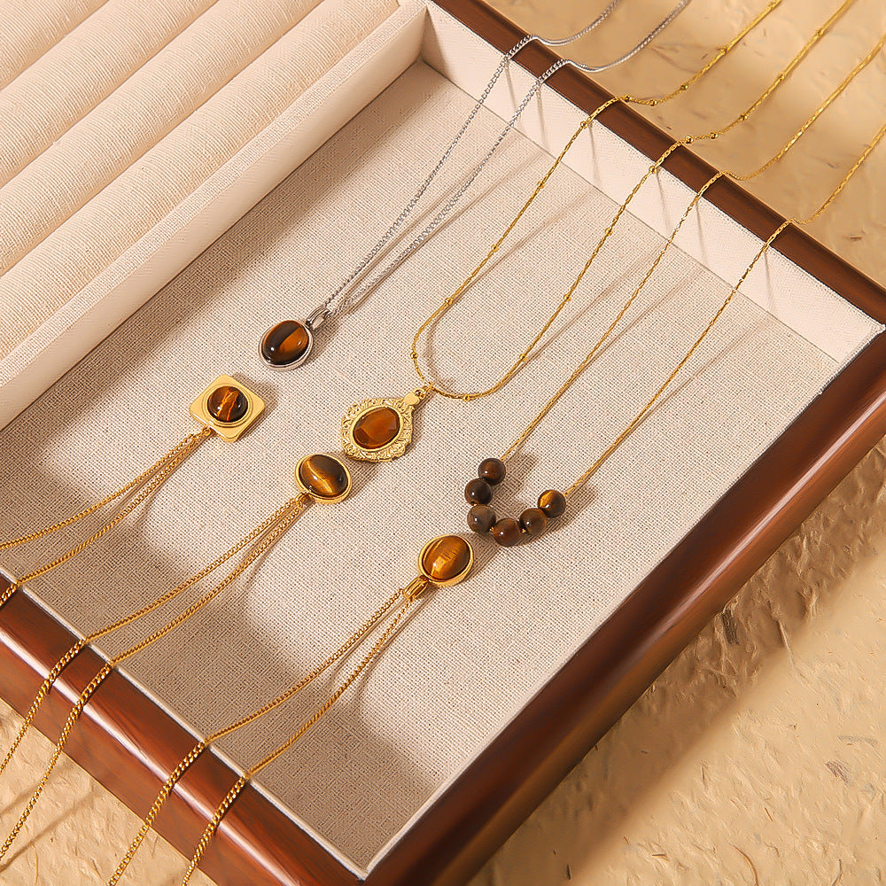 Vintage French Style Geometric Pendant Necklace for Women Stainless Steel with 18K Gold Plating and Natural Tiger Eye Inlay