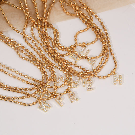Minimalist Letter Shape Stainless Steel Necklace with Rhinestone Inlay for Women, Snake Chain Style, Elegant Clavicle Jewelry