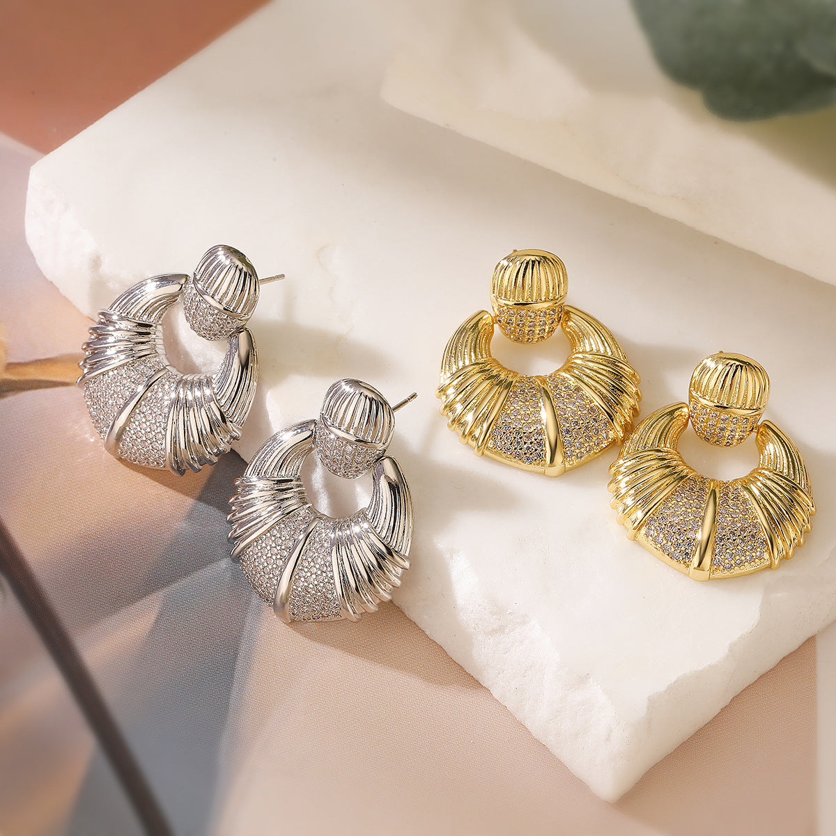 Minimalist Geometric Copper Earrings with 18K Gold Plating and Zircon Inlay for Women
