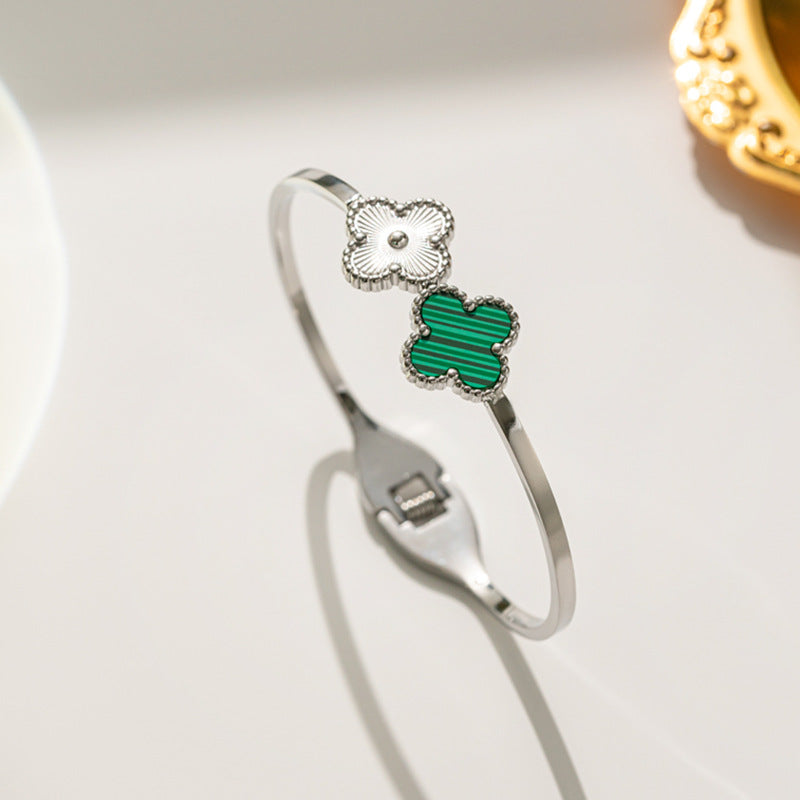 Minimalist Four-Leaf Clover Titanium Steel Bracelet for Women with Polished Finish and Adjustable Opening Design