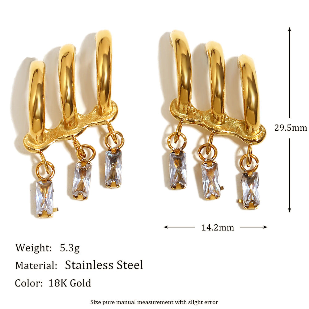 Fashionable Geometric Stainless Steel Earrings with 18K Gold Plating and Zircon Fringe for Women