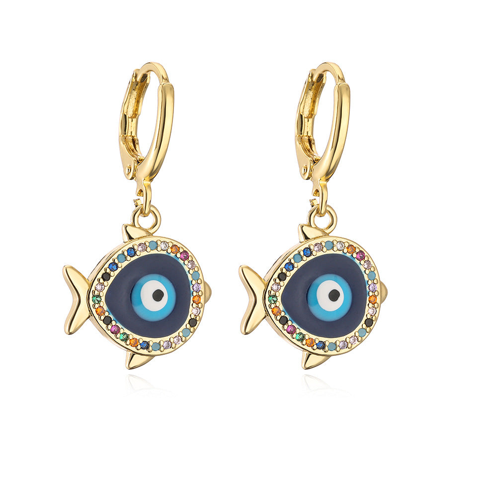 Geometric Blue Eye Earrings for Women with Copper Base Plated in 18K Gold and Enamel Finish
