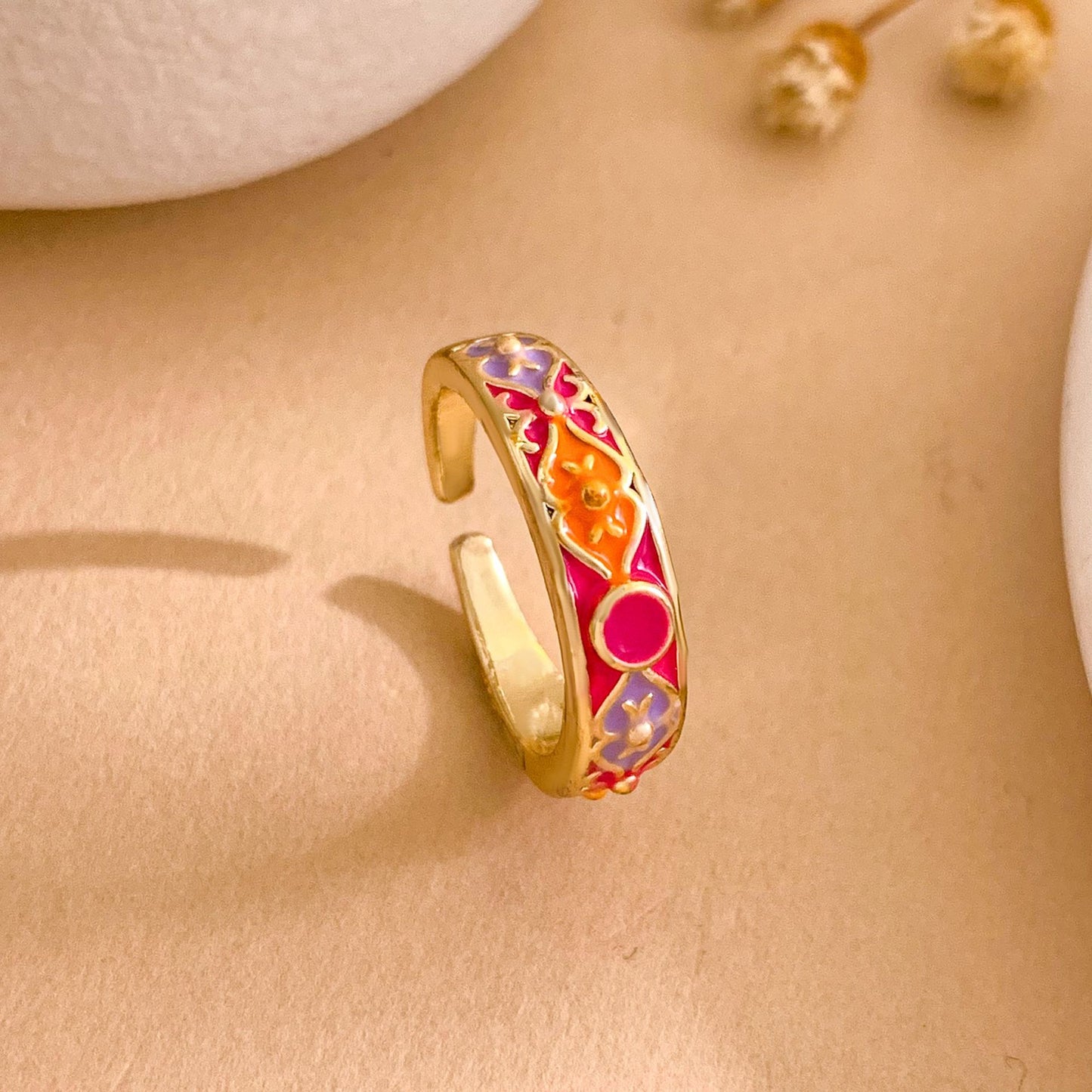 Vintage Sweet Gold Plated Brass Enamel Geometric Open Ring for Women