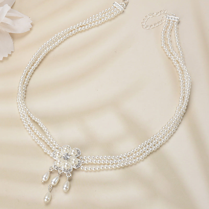 Sweet Floral Polka Dot Rhinestone Inlaid Alloy Pearl Ball Chain Necklace Earring Set for Women
