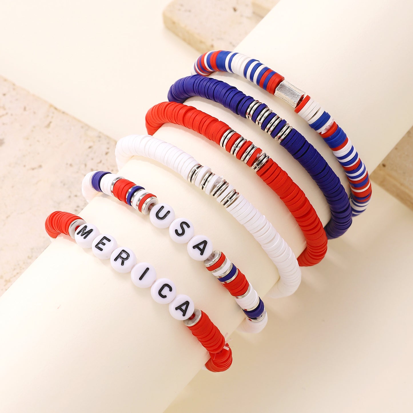 Patriotic Resin Beaded Bracelet Set with Heart Star Letter Charms and Rhinestone Accents