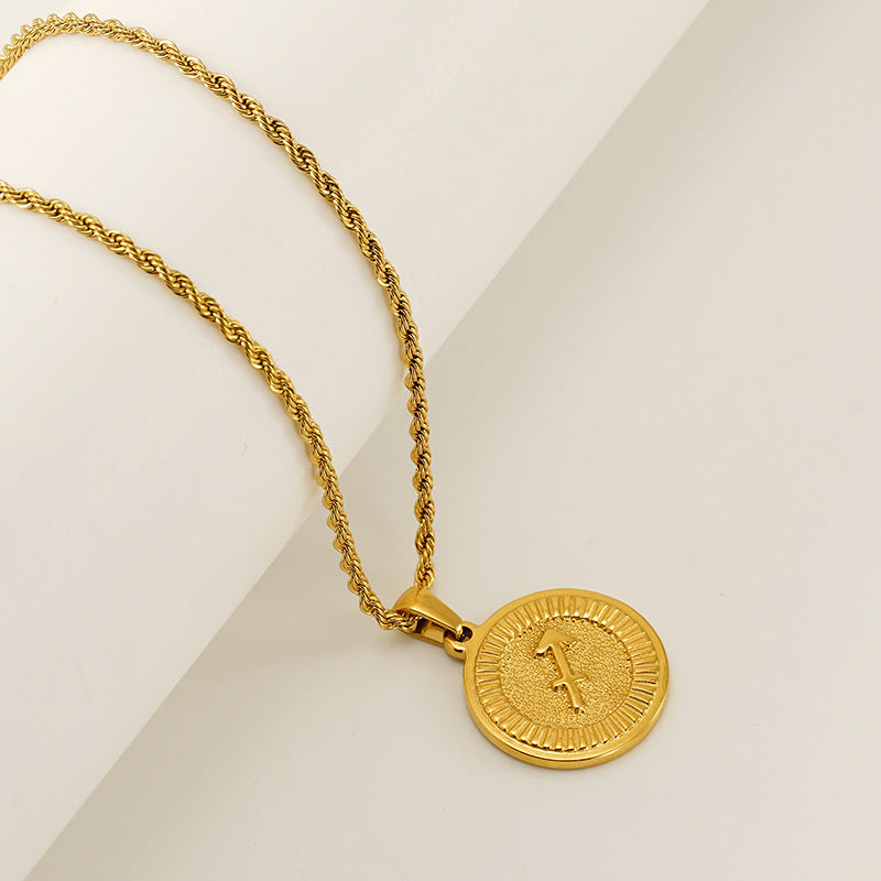Vintage 18K Gold Plated Round Zodiac Pendant Titanium Steel Rope Chain Necklace Unisex