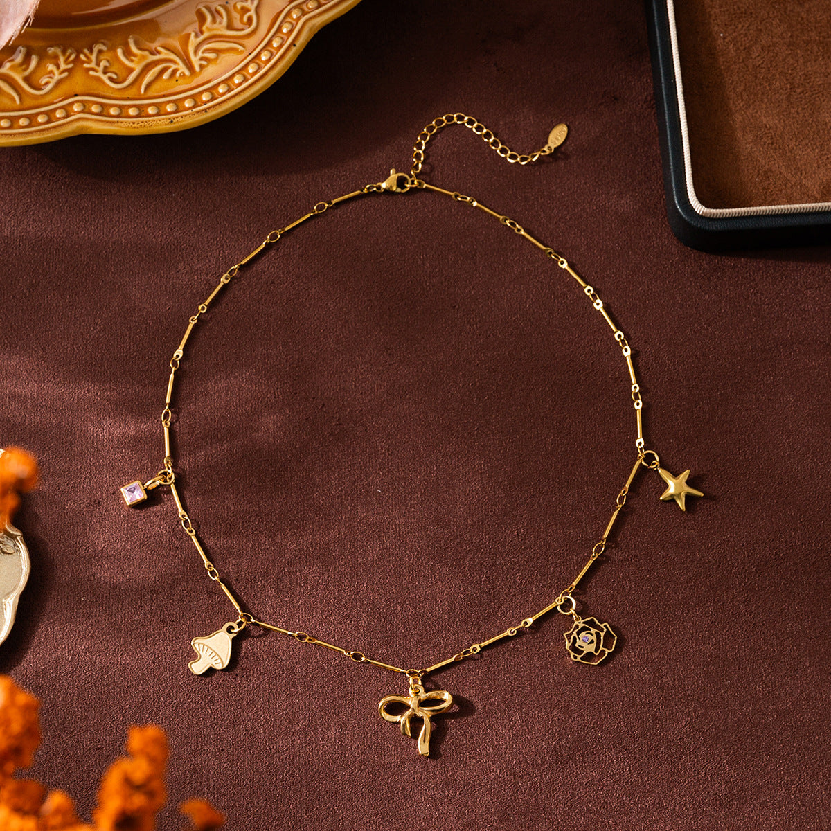 Minimalist 18K Gold Plated Stainless Steel Geometric Charm Bar with Cubic Zirconia