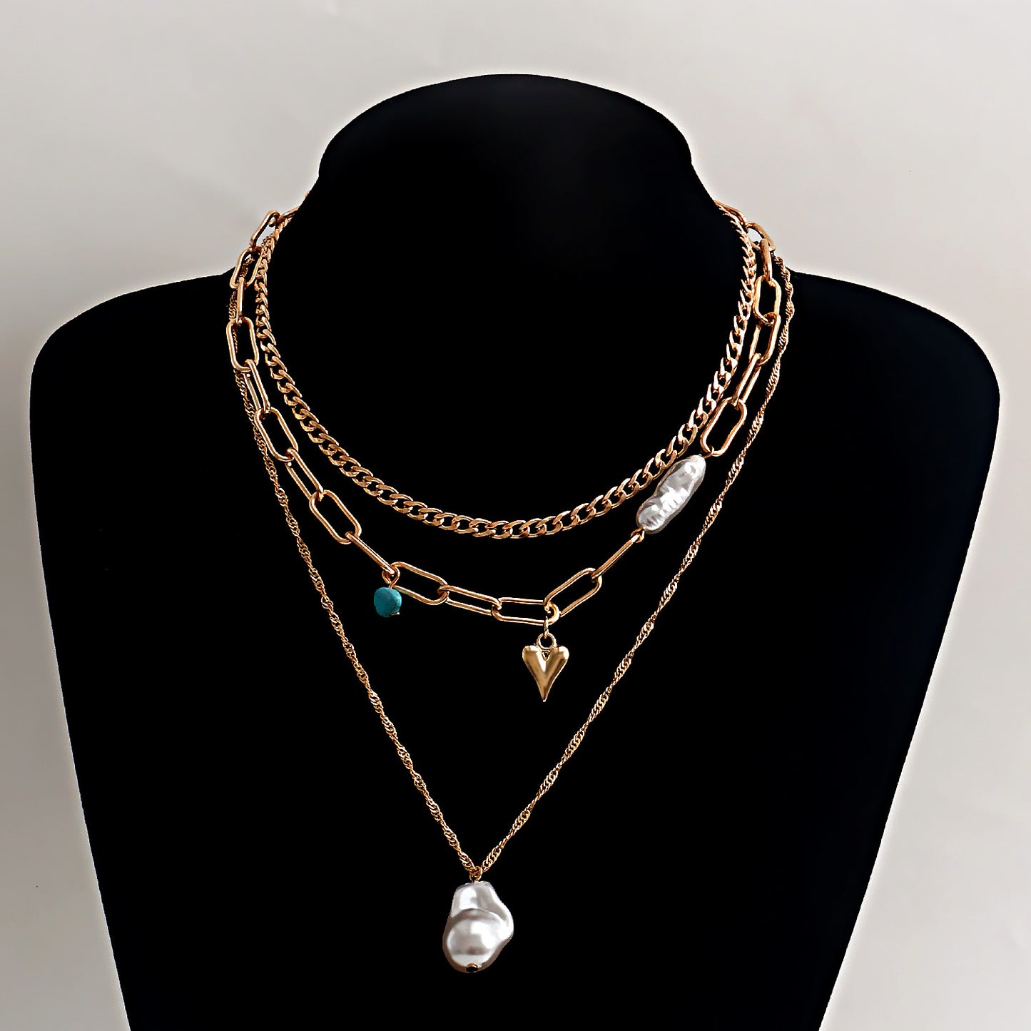 Trendy Multi-Layer Asymmetrical Pearl-Effect Heart Pendant Necklace for Women in Alloy with Plated Finish