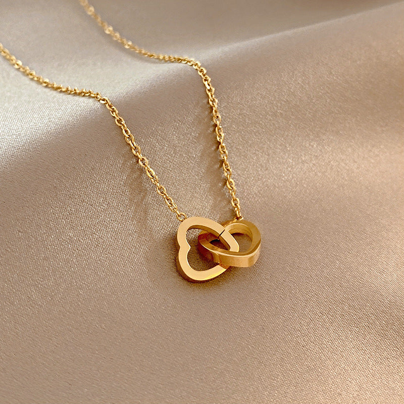 Sweet 18K Gold Plated Double Ring Heart Titanium Steel Necklace for Women