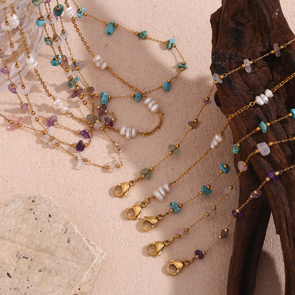 Collana Pendente Geometrica Minimalista da Donna in Acciaio Inossidabile con Placcatura in Oro 18K e Intarsio in Pietra Naturale