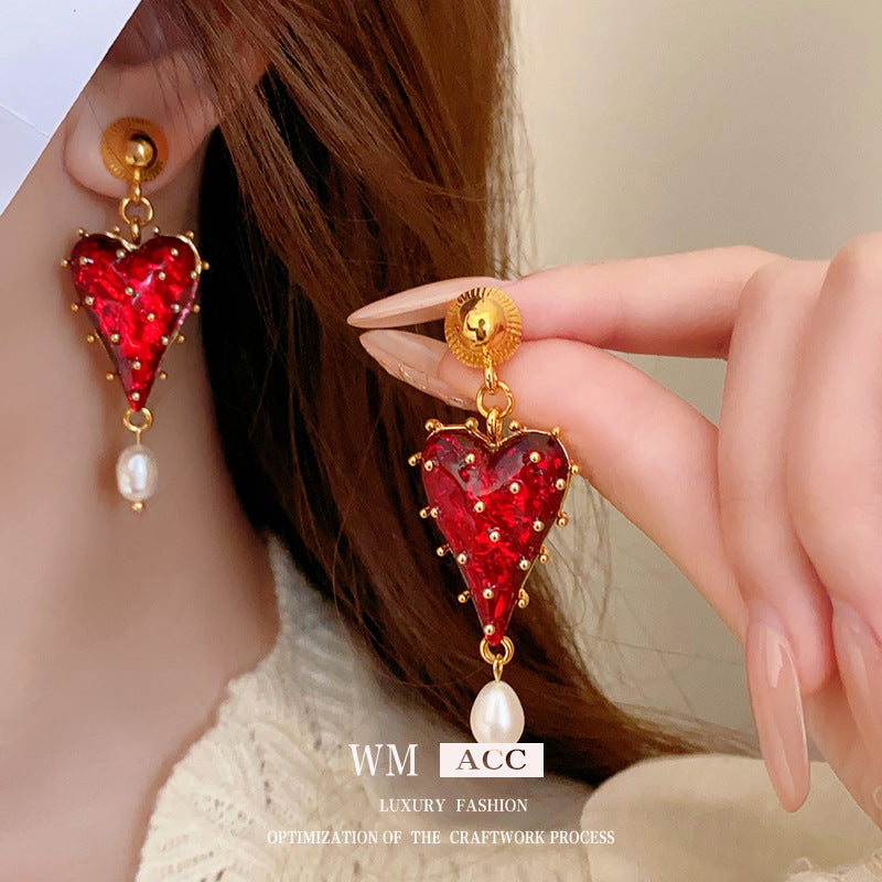 Elegant Geometric Dangle Stud Earrings for Women with Red Tassels, Alloy Base and Gold Plated Finish