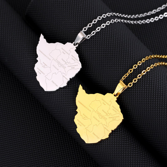 Collar con colgante de mapa de la ciudad de Zimbabue geométrico de estilo étnico en acero inoxidable con dije de acero de titanio y acabado galvanizado en cadena tipo O